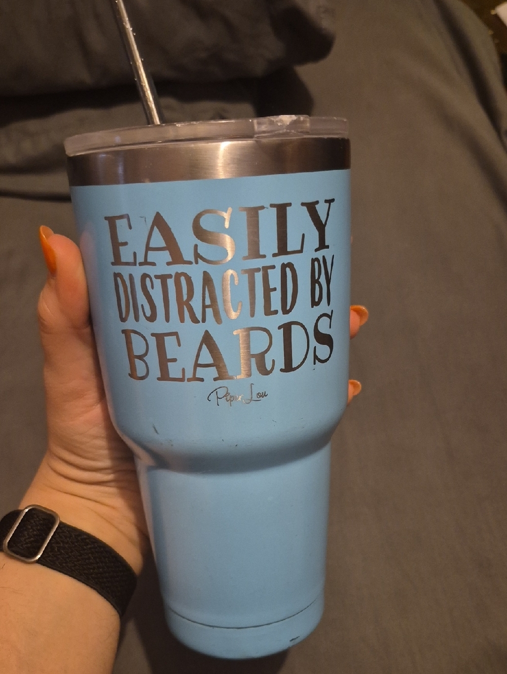 Light Blue Tumbler with 'Easily Distracted By Beards' Text
